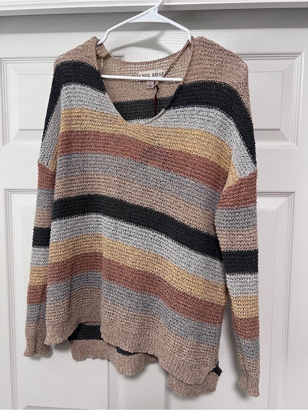 Knox Rose V-Neck Striped Sweater in Tan, Black, Gray and Rust